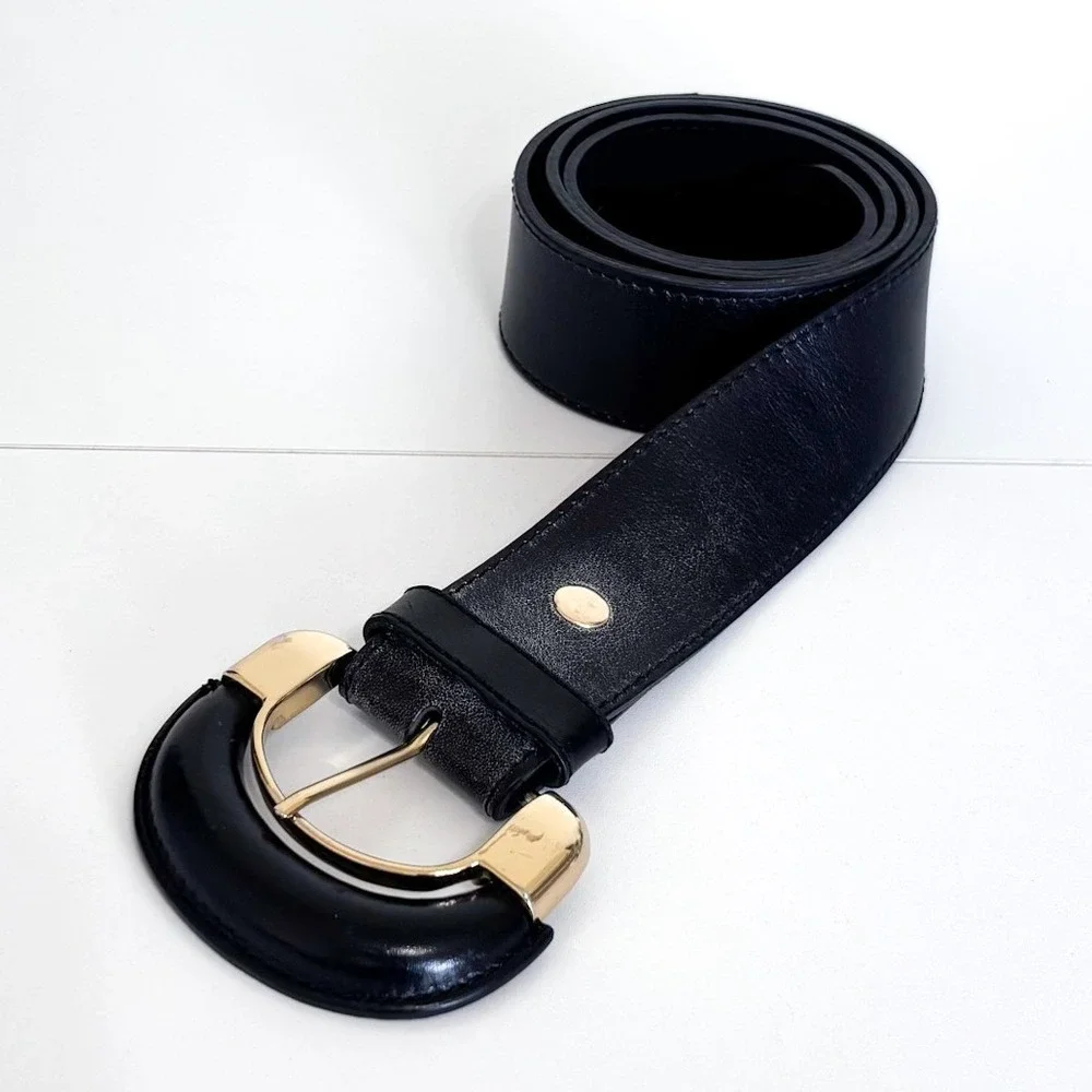 B-Low The Belt Womens Oversized Horseshoe Buckle Leather Belt Medium Black Gold